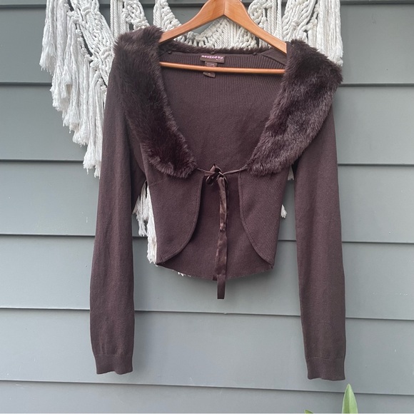 Hooked Up by IOT Sweaters - Sold 9/10/24 live Y2K Furry Removable Collar Cardigan Sweater Natural Brown